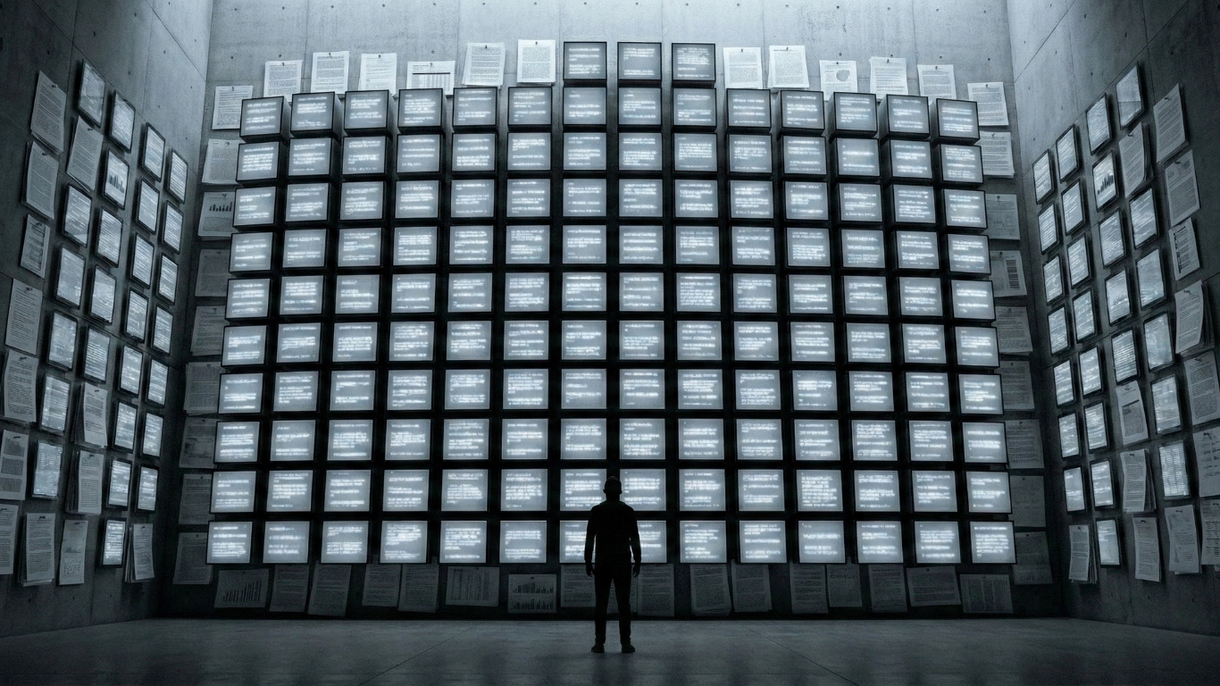 A visual collage of AI-generated text chunks all looking similar, representing generic AI content.