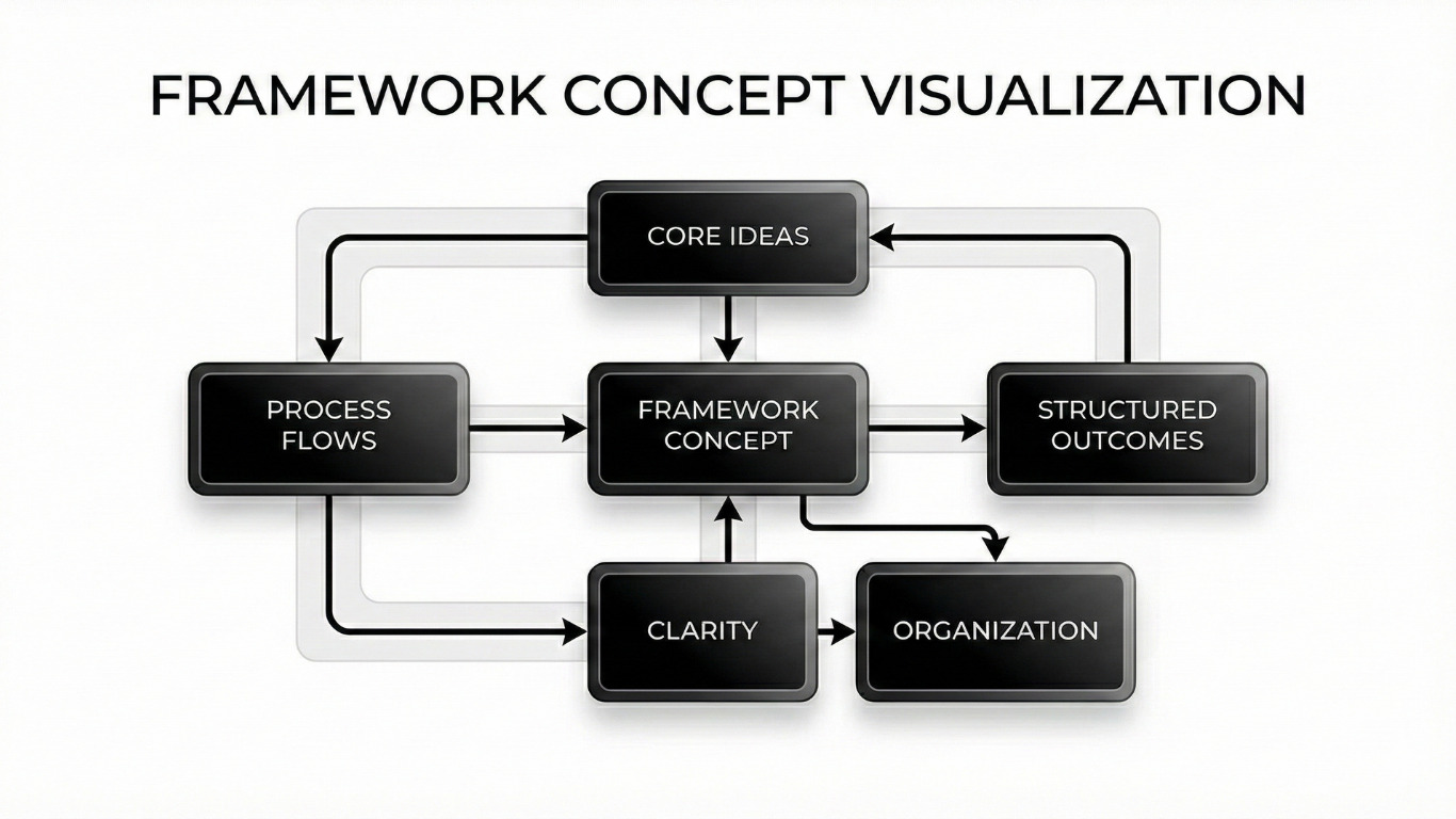 Diagram showing how core ideas flow into a structured framework to create organized outcomes.